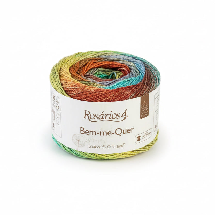 Multicolored yarn ball with Rosarios label on a white background