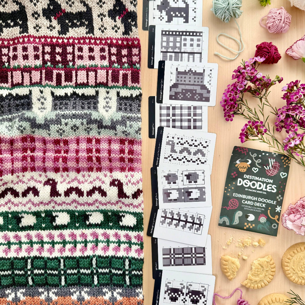A flat-lay of a knitting pattern kit called 'Georgian Doodles' showing completed knitted sweaters on the left, individual pattern cards in the center, and the product box and yarn balls on a wooden table decorated with flowers and cookies.