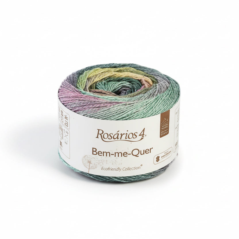 purples and yellow yarn with Rosarios4 label on a white background