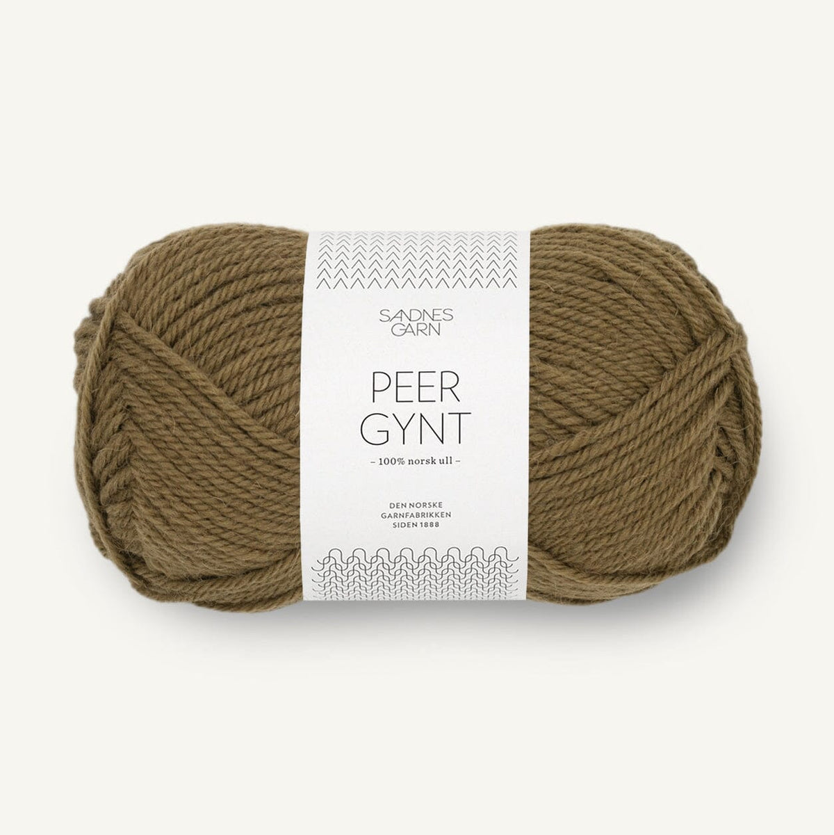 Ball of khaki green yarn with a label on a white background