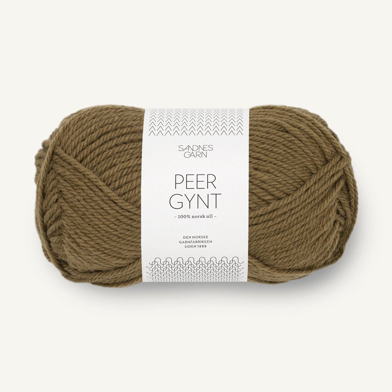 Ball of khaki green yarn with a label on a white background