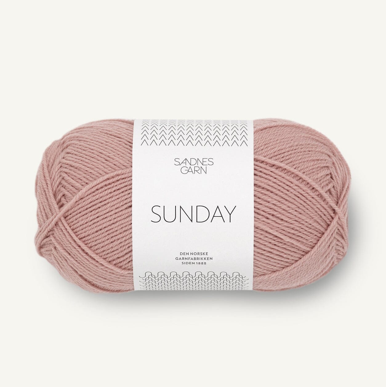 Ball of pink yarn with a 'Sundnes Garn Sunday' label on a white background