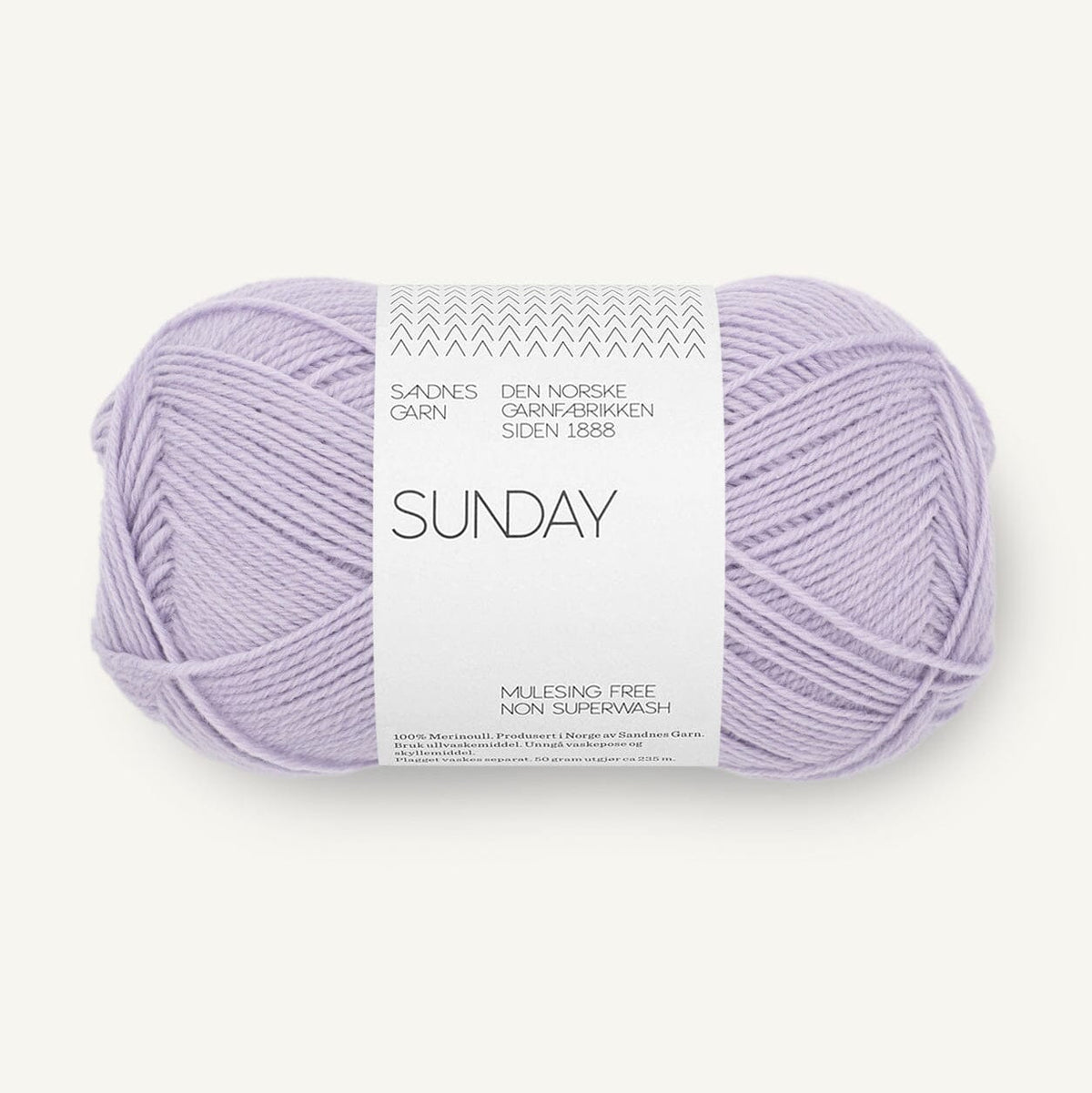 Ball of purple yarn with a 'Sunday' label on a white background