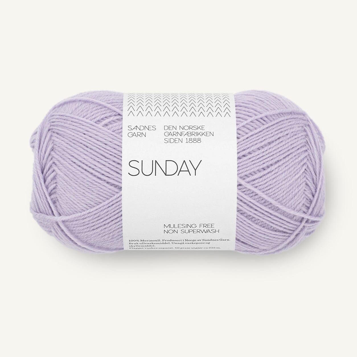 Ball of purple yarn with a 'Sunday' label on a white background