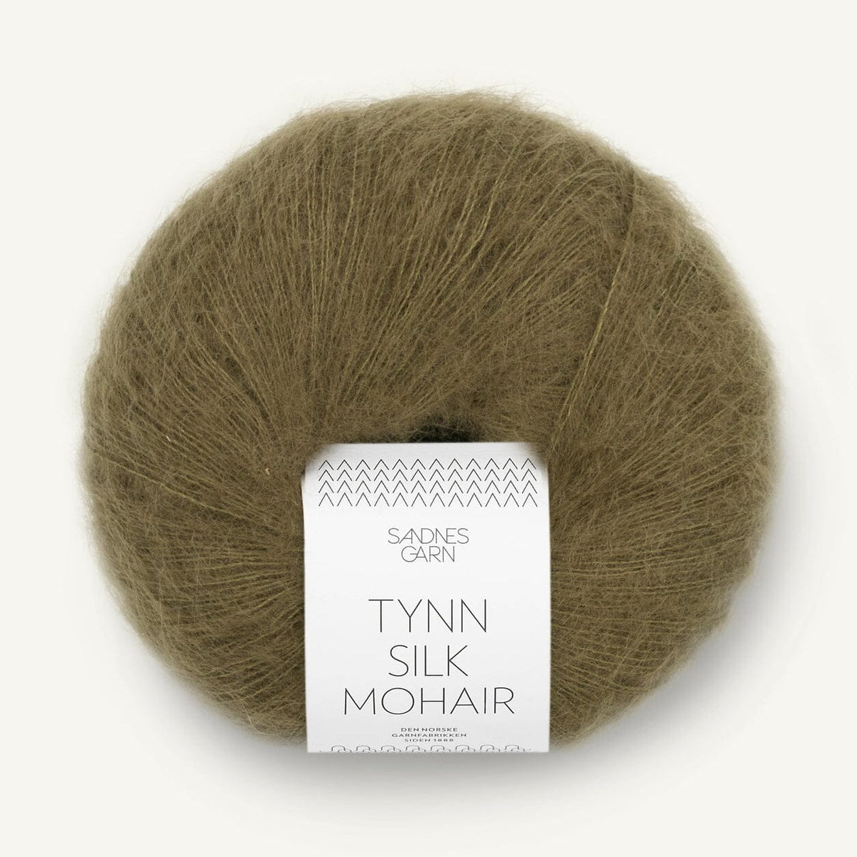 Ball of Tynn Silk Mohair yarn with a label on a white background