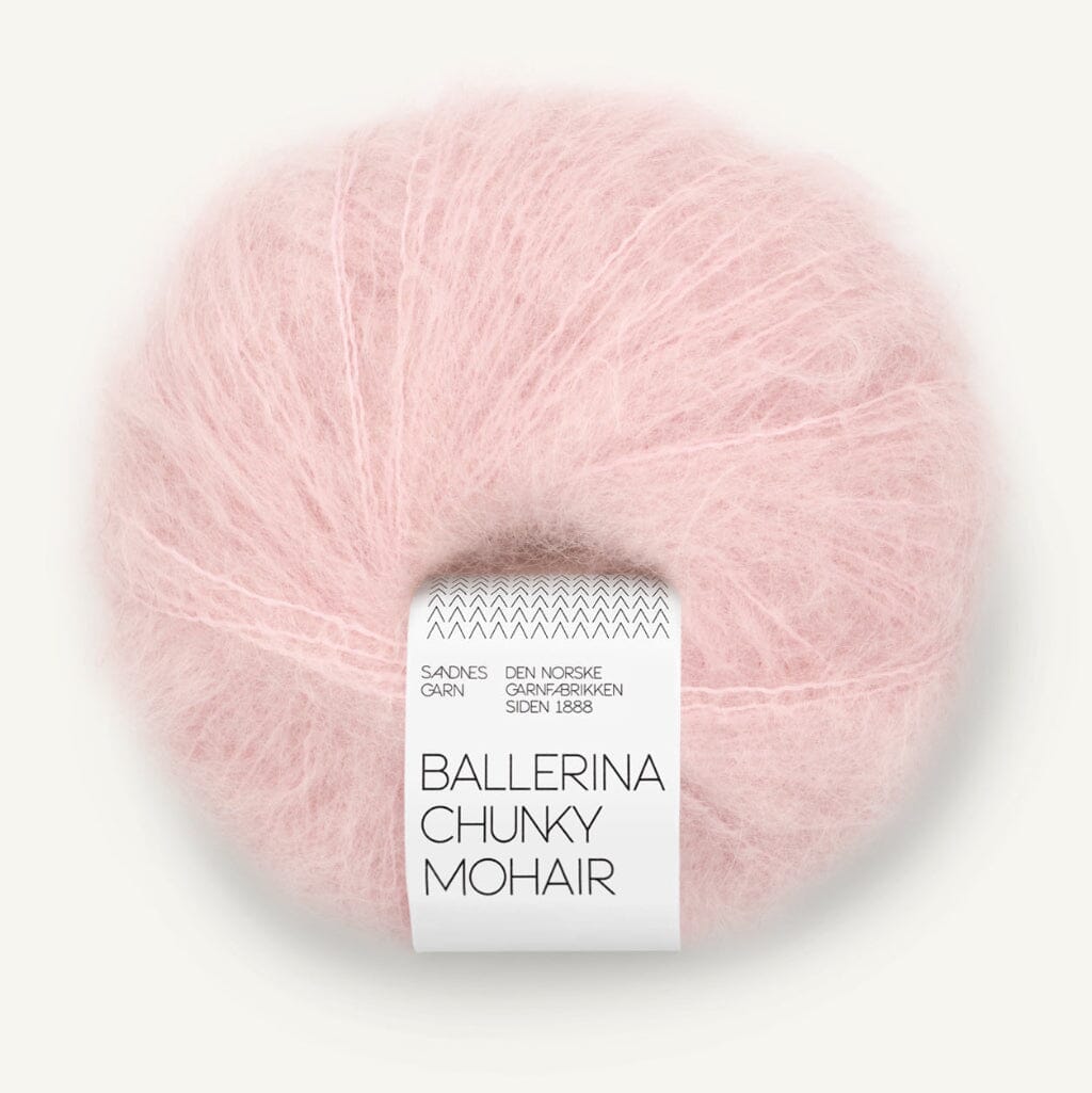 A single ball of pale pink mohair yarn with a white paper label reading 'BALLERINA CHUNKY MOHAIR' on a clean white background.