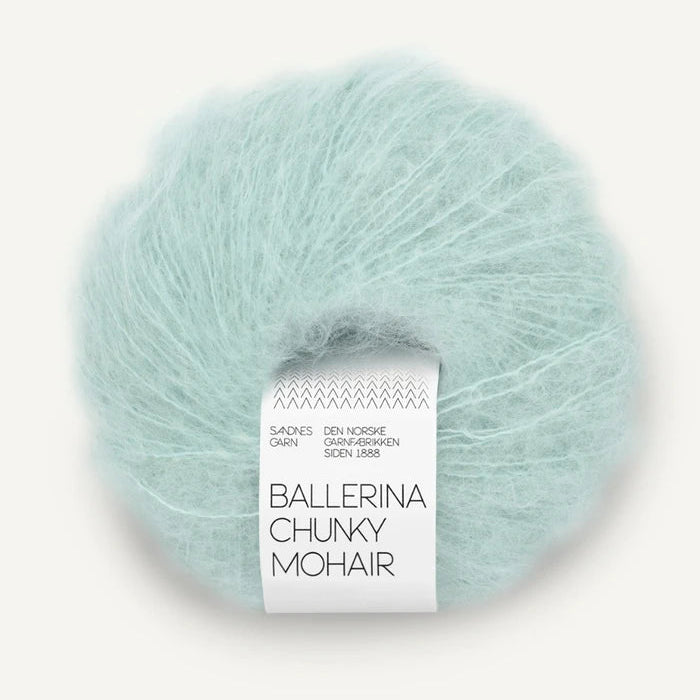 Light blue skein of yarn with a label on a white background