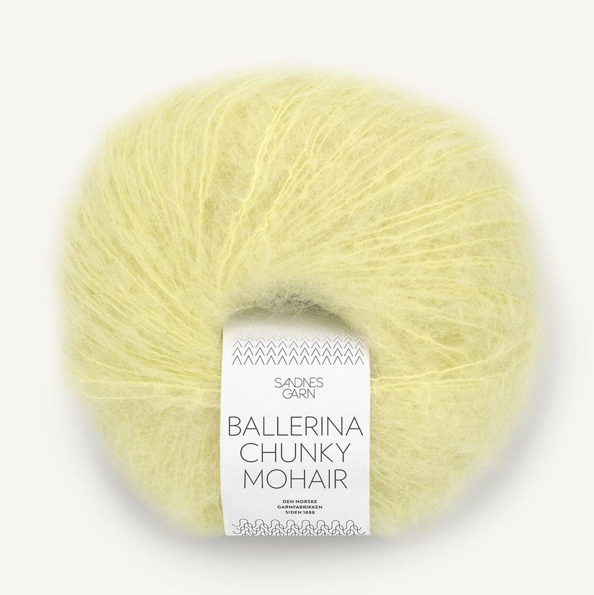 Ball of lime yarn with a label on a white background
