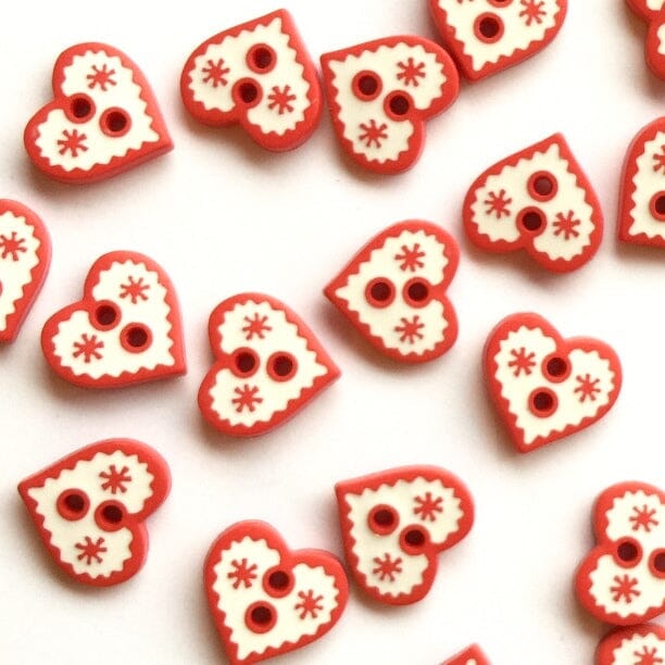 12mm Red &amp; White Heart Button | Tangled Yarn UK