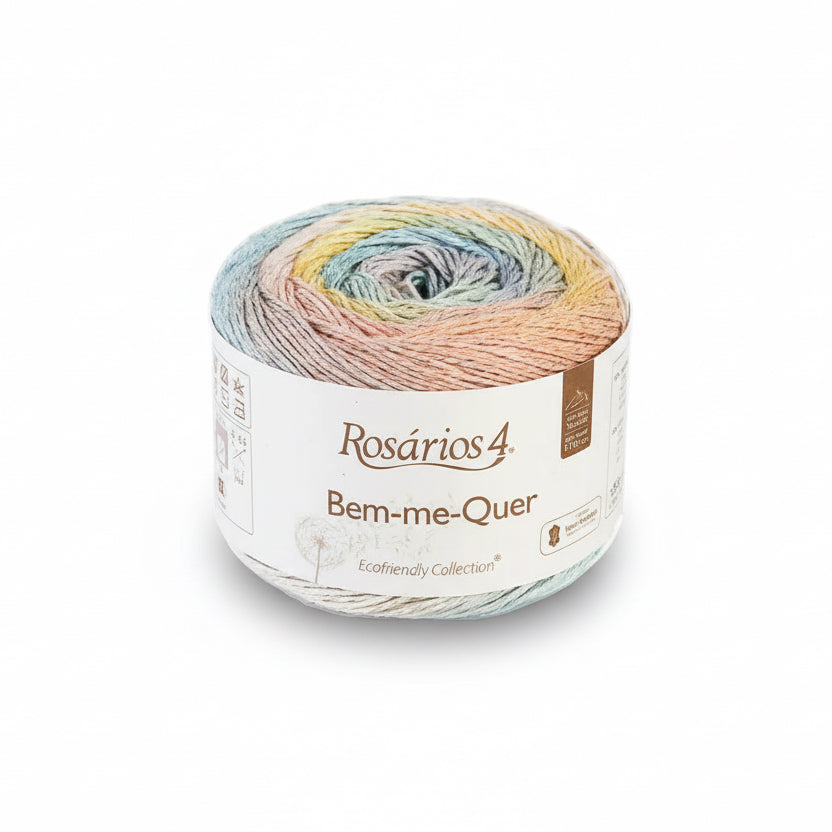 Multicolored yarn ball with Rosarios label on a white background