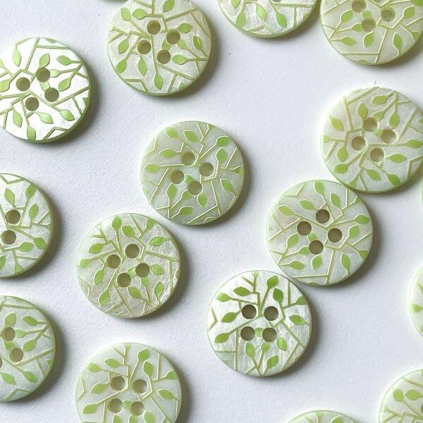 15mm - Lime Green Leaf Shell Button - Tangled Yarn