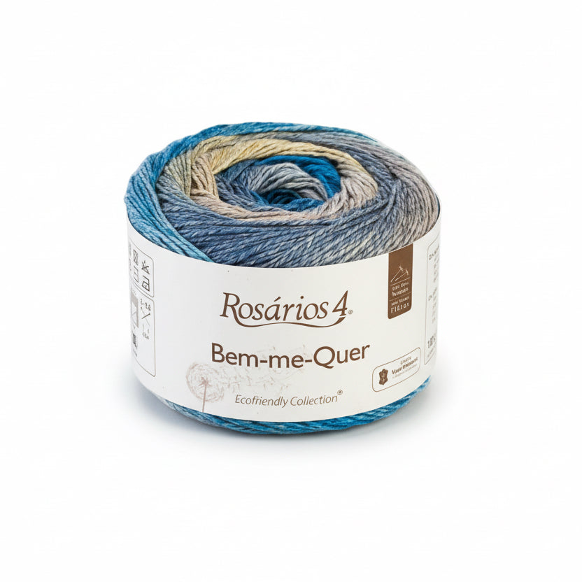 blues/yellows of yarn with Rosarios 4 branding on a white background