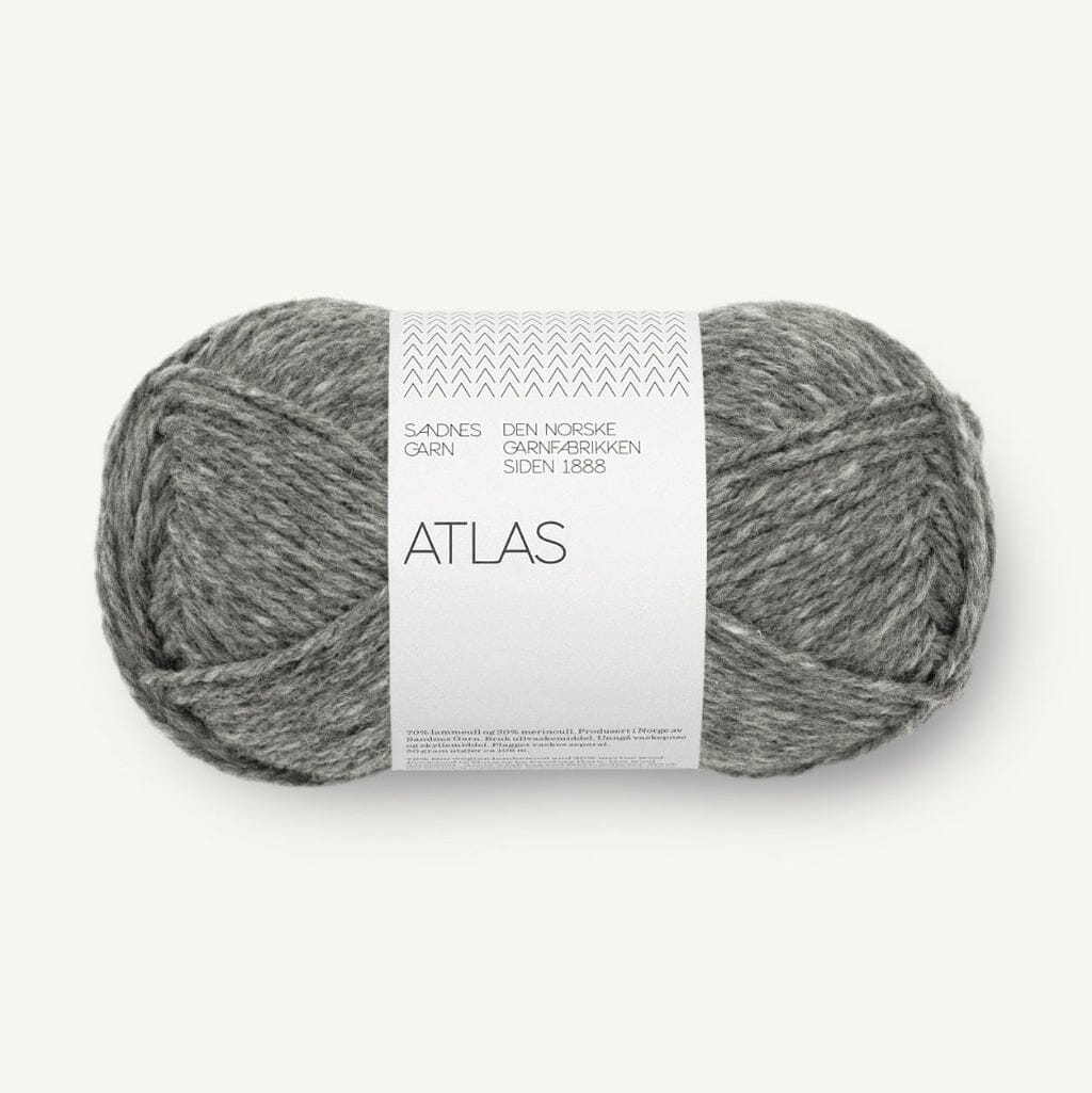 Gray skein of yarn with a 'Atlas' label on a white background