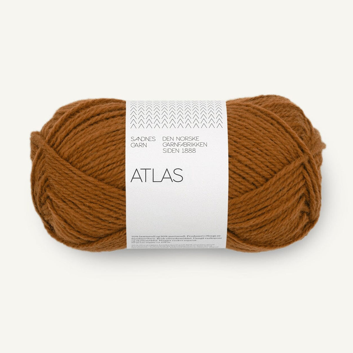 Ball of brown yarn with a white label on a white background