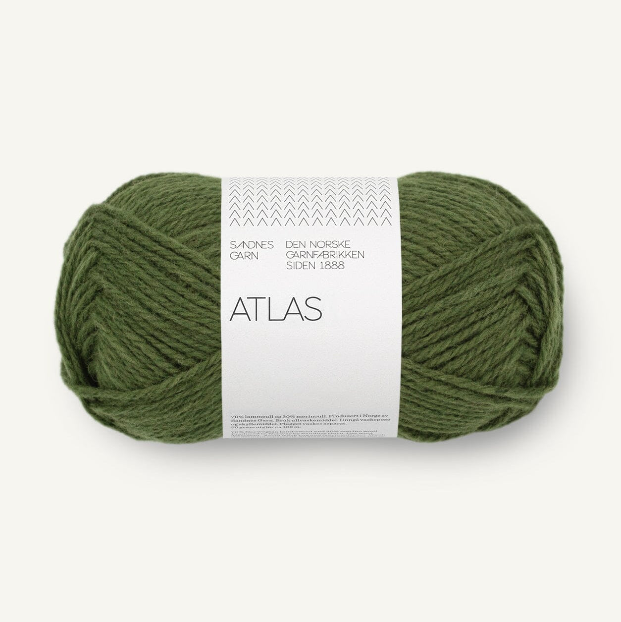 Green skein of yarn with a label on a white background