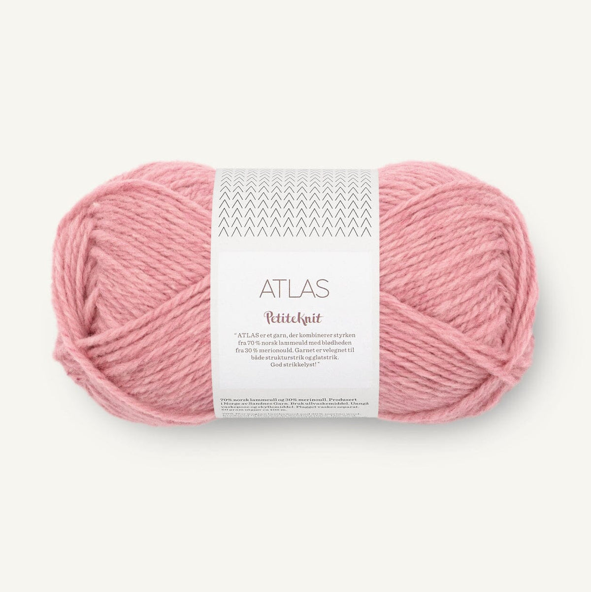 Pink skein of yarn with a label on a white background