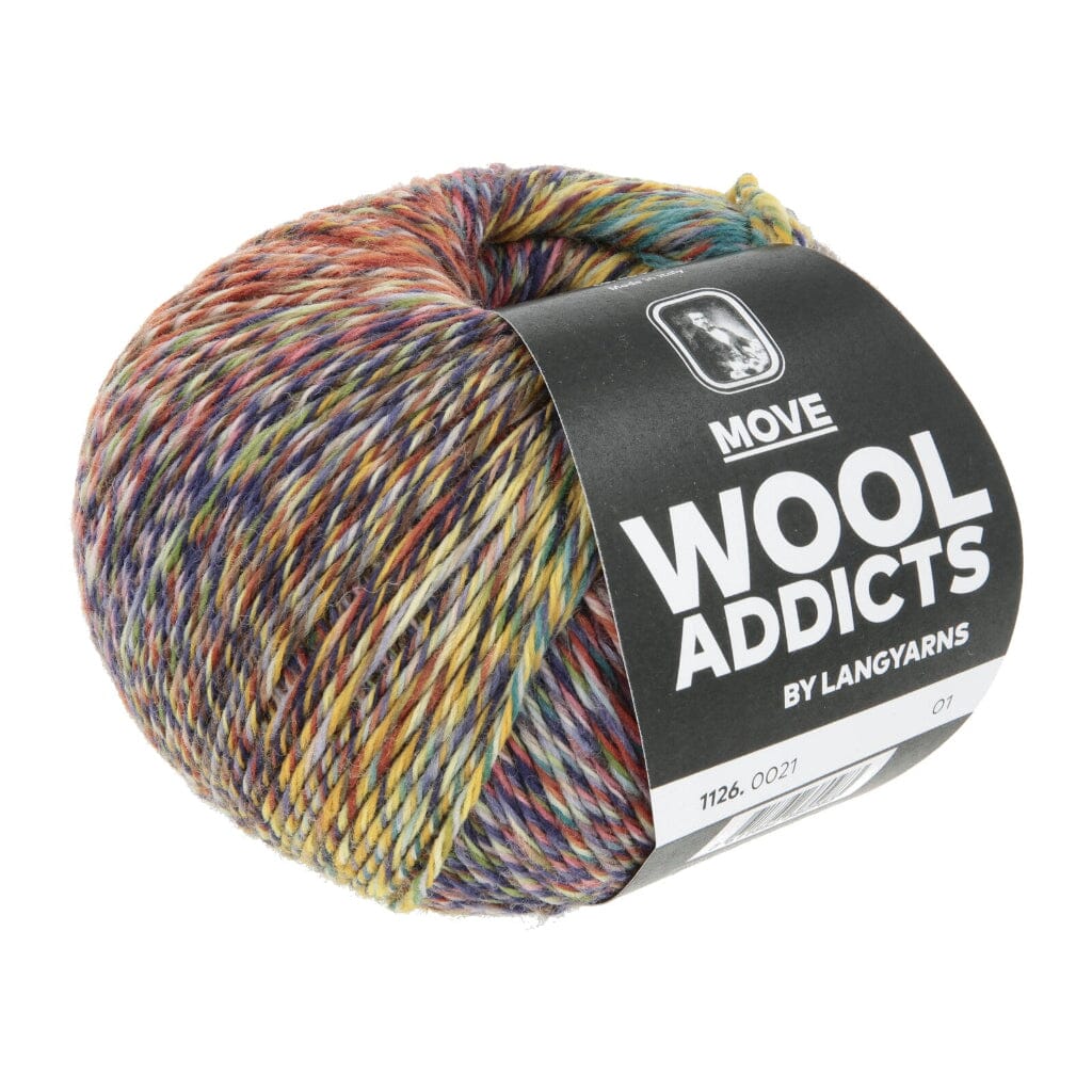 A ball of multicolor variegated yarn with a black paper label reading 'MOVE WOOL ADDICTS BY LANGYARNS' on a plain white background.