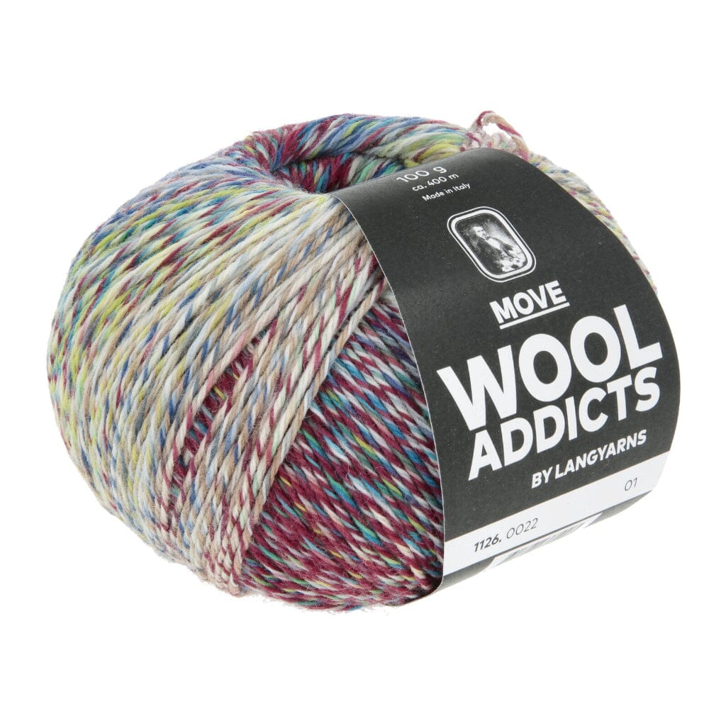 Multicolored yarn ball with 'Wool Addicts' label on a white background