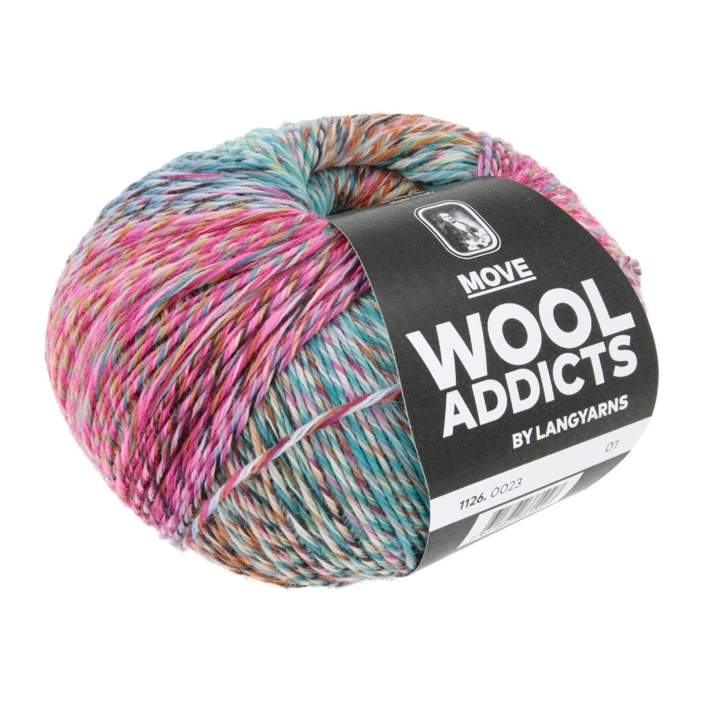 A ball of variegated wool yarn with pink, blue, and orange tones, wrapped in a black paper label that reads 'MOVE WOOL ADDICTS BY LANGYARNS' on a white background.