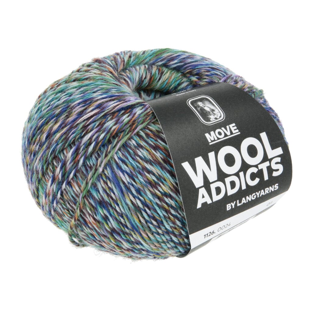 A ball of variegated yarn with blue, green, purple, and beige tones, wrapped with a black paper label that reads 'MOVE WOOL ADDICTS BY LANGYARNS'.