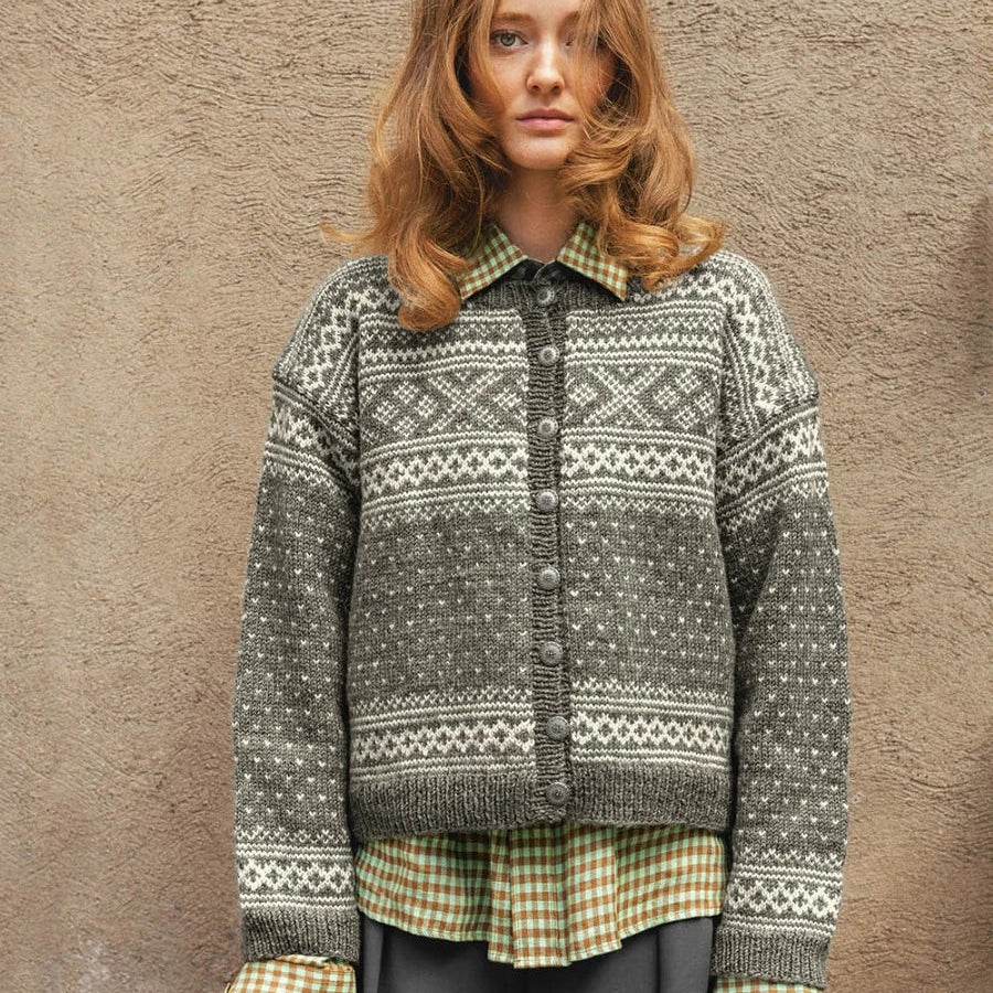 woman wearing fairisle cardigan