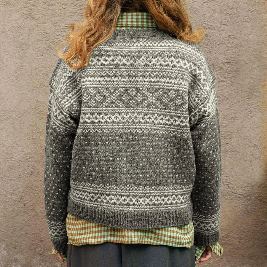 woman wearing fairisle cardigan