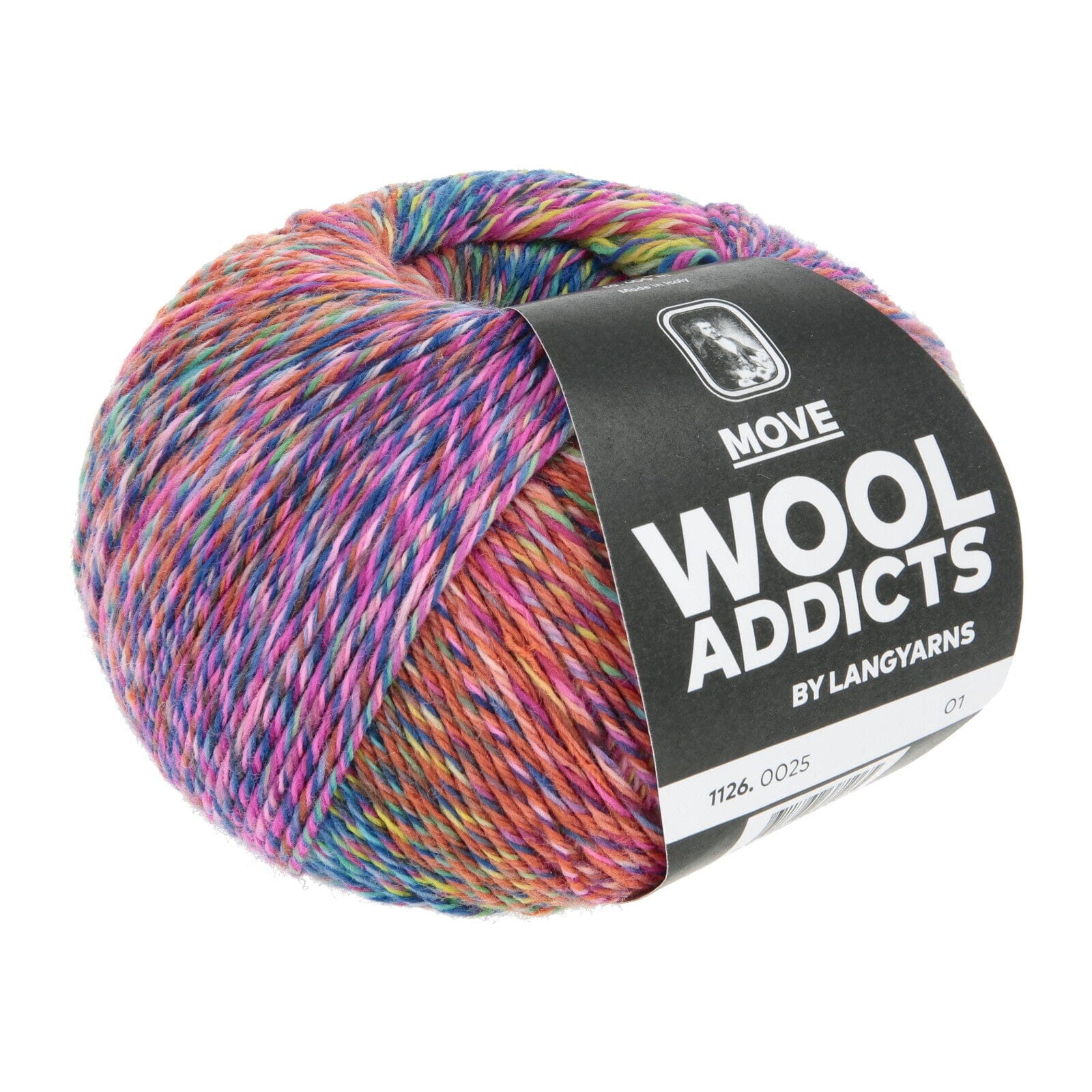 A ball of multicolor variegated yarn with a black paper label reading 'MOVE WOOL ADDICTS BY LANGYARNS' on a plain white background.