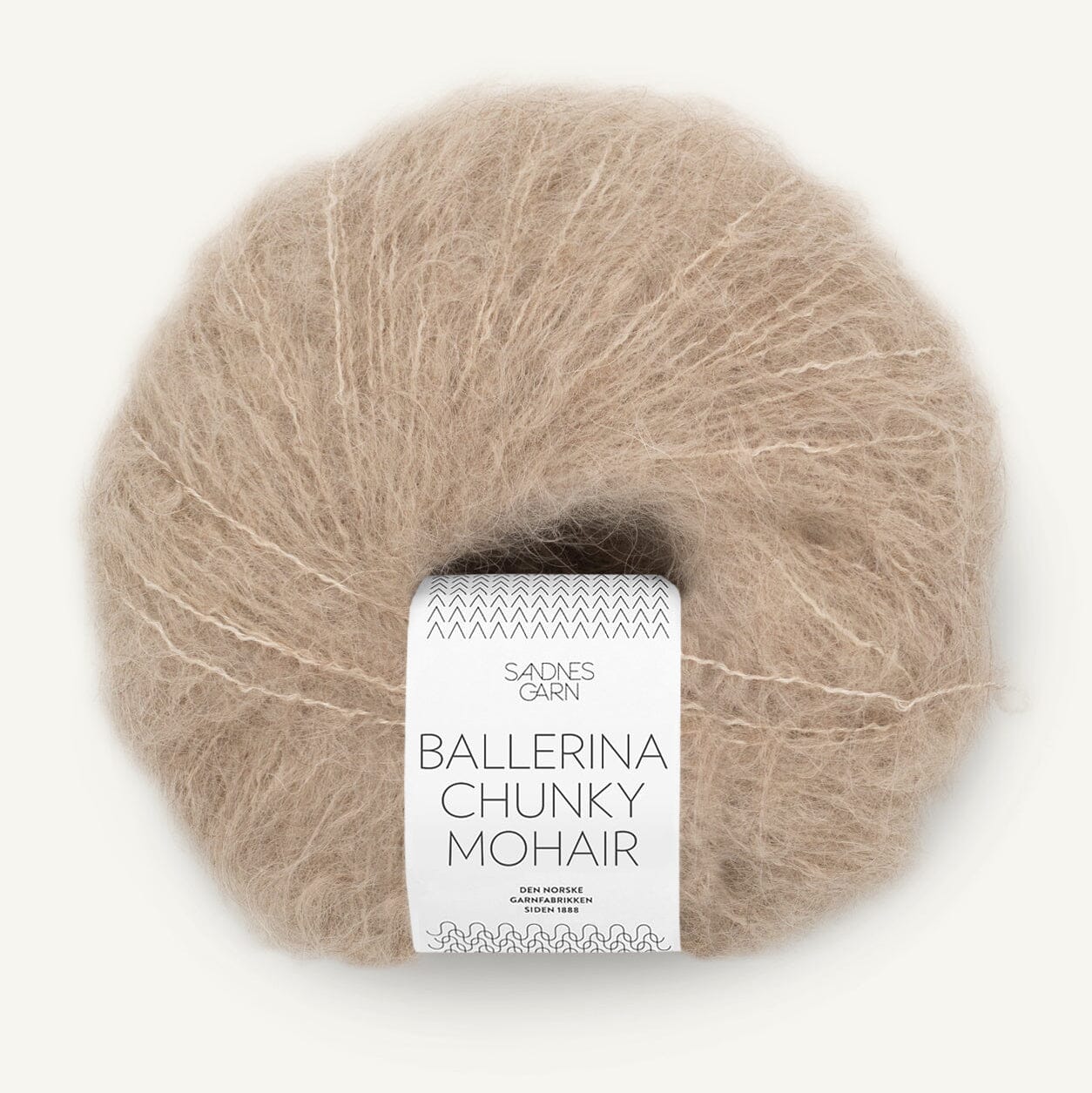 Ball of Ballerina Chunky Mohair yarn with label on a white background