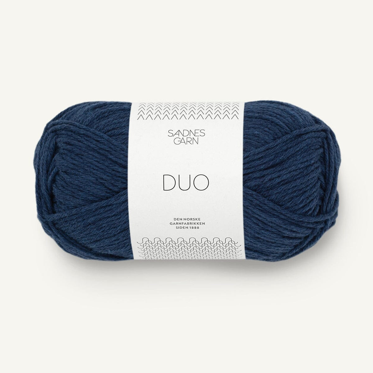 Blue skein of yarn with a label on a white background