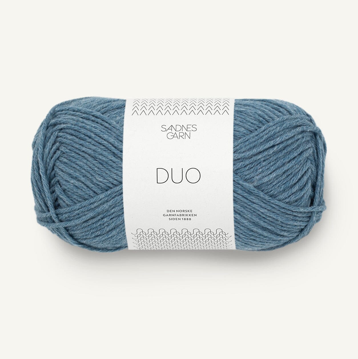 Blue skein of yarn with a label on a white background