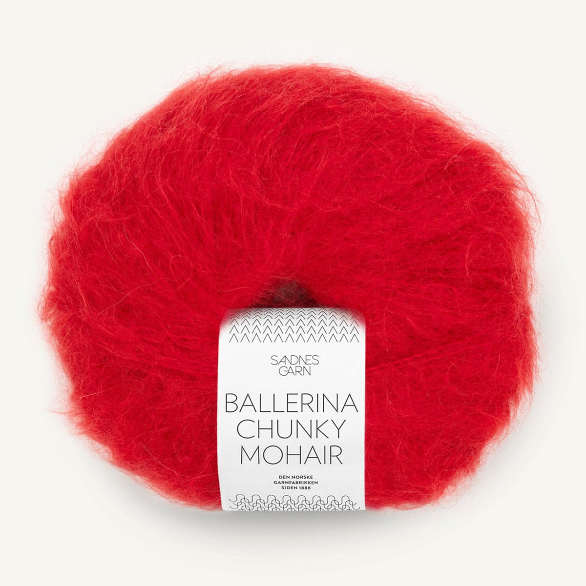 Red Ballerina Chunky Mohair yarn with label on a white background