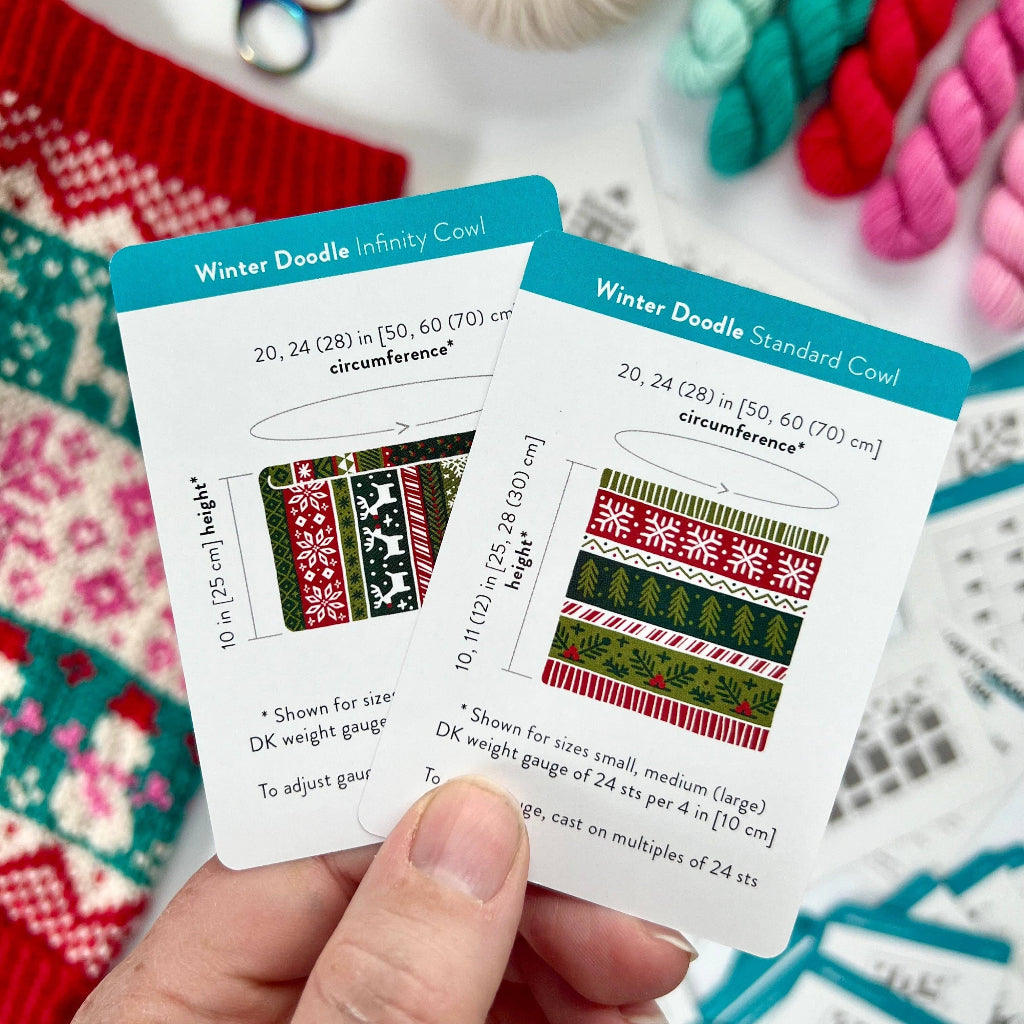 Two pattern cards for knitting with yarn and knitting tools in the background