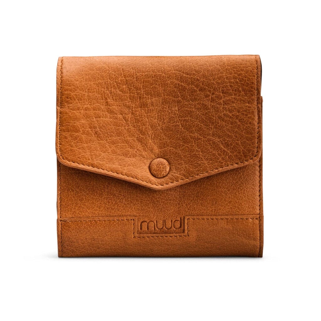 Brown leather wallet with a visible brand logo on a white background