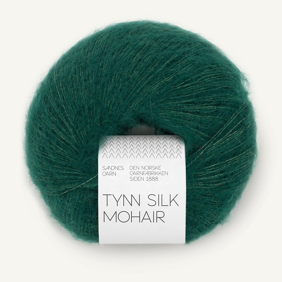 Green skein of yarn with a label on a white background