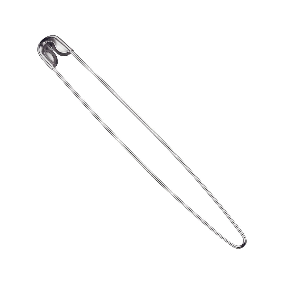 A long, cylindrical metal stitch holder with a loop at one end, designed for knitting projects.