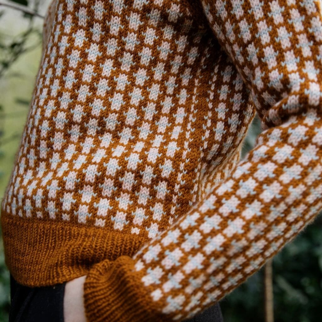 Close-up of a brown and white patterned sweater sleeve against a blurred natural background