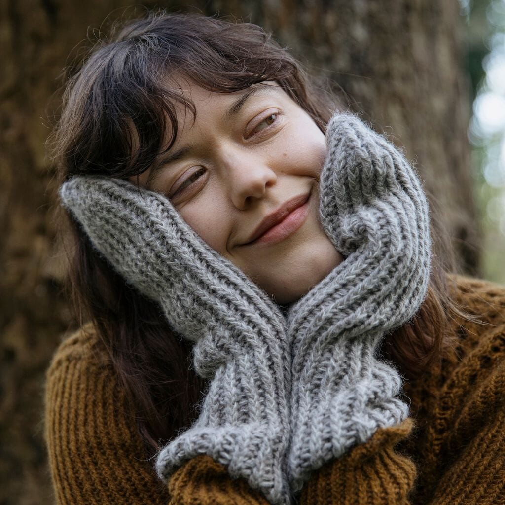 Woman wearing a brown cabled sweater and gray knitted gloves in a forest setting