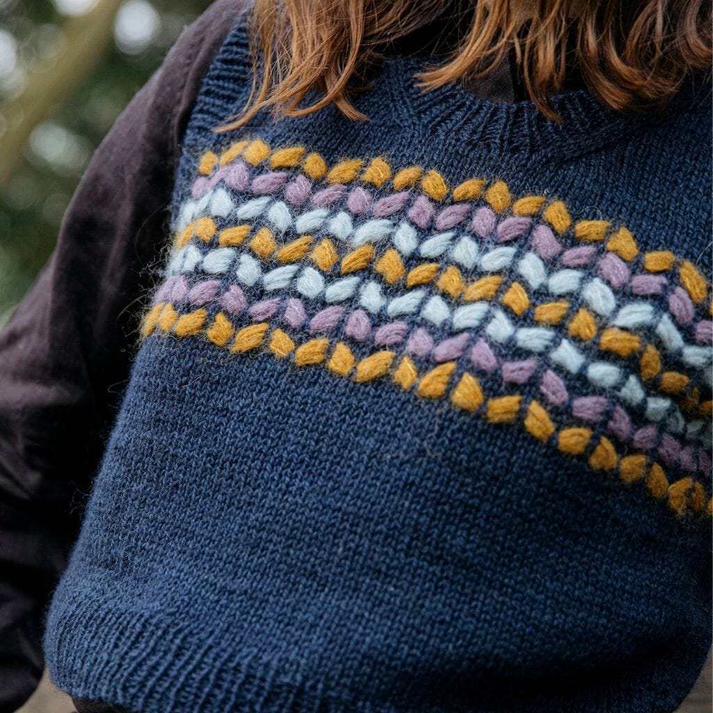 Close-up of a blue knitted sweater with colourful pattern