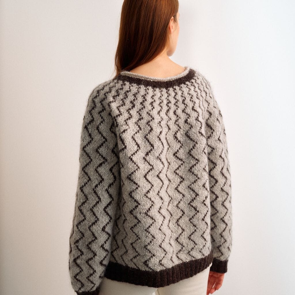 Person wearing a patterned sweater on a plain background