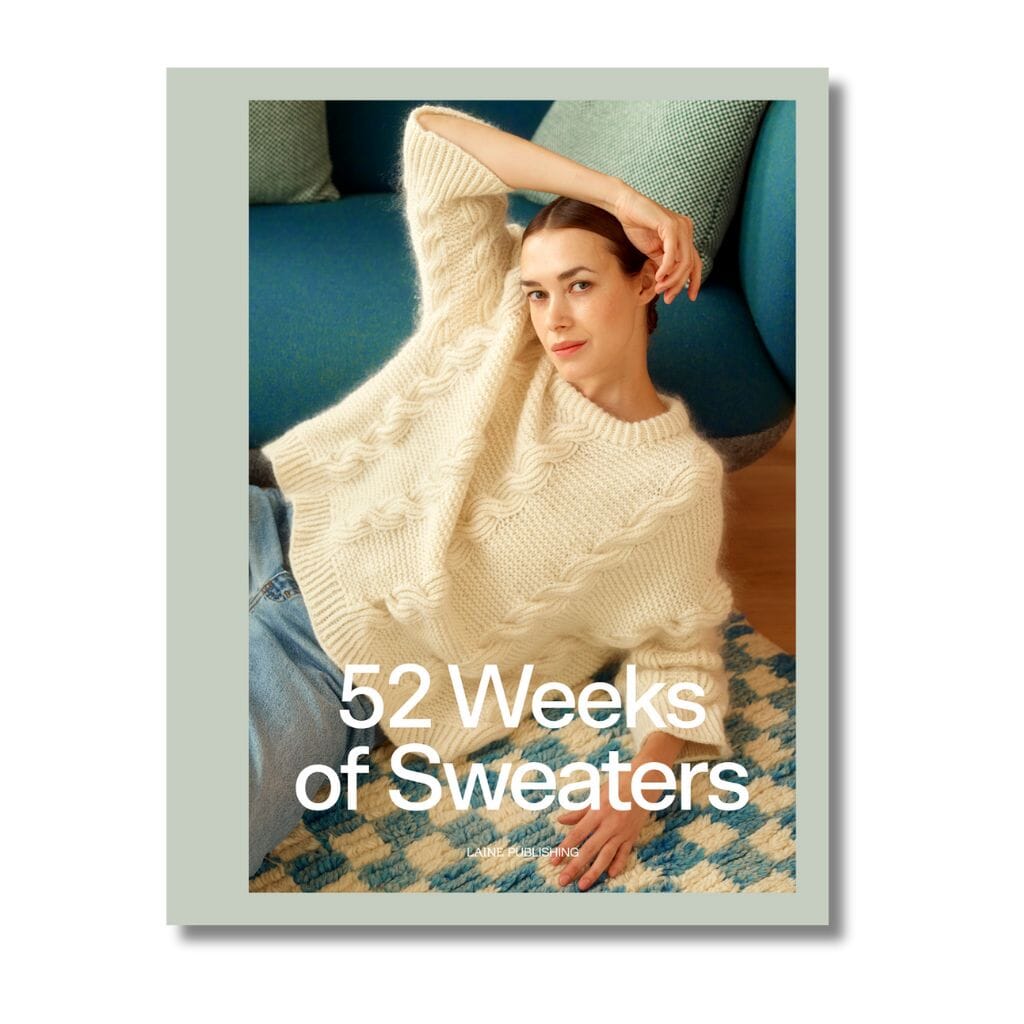 Book cover titled '52 Weeks of Sweaters' featuring a woman wearing a white sweater.