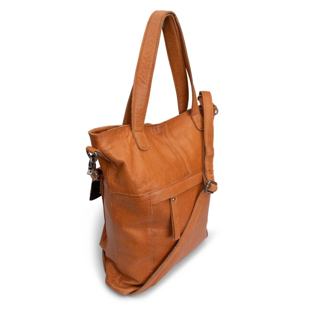 Brown leather tote bag on a white background