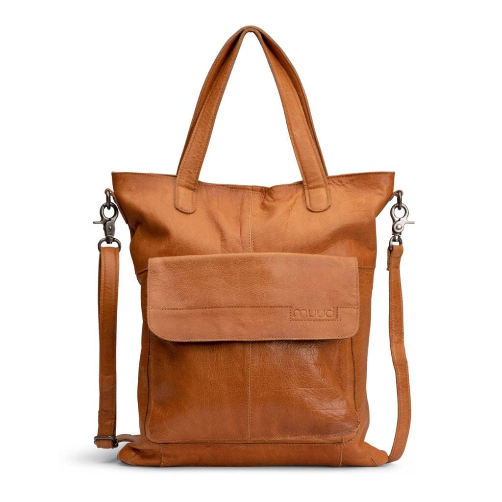 Brown leather bag attached to a bicycle with a blurred background