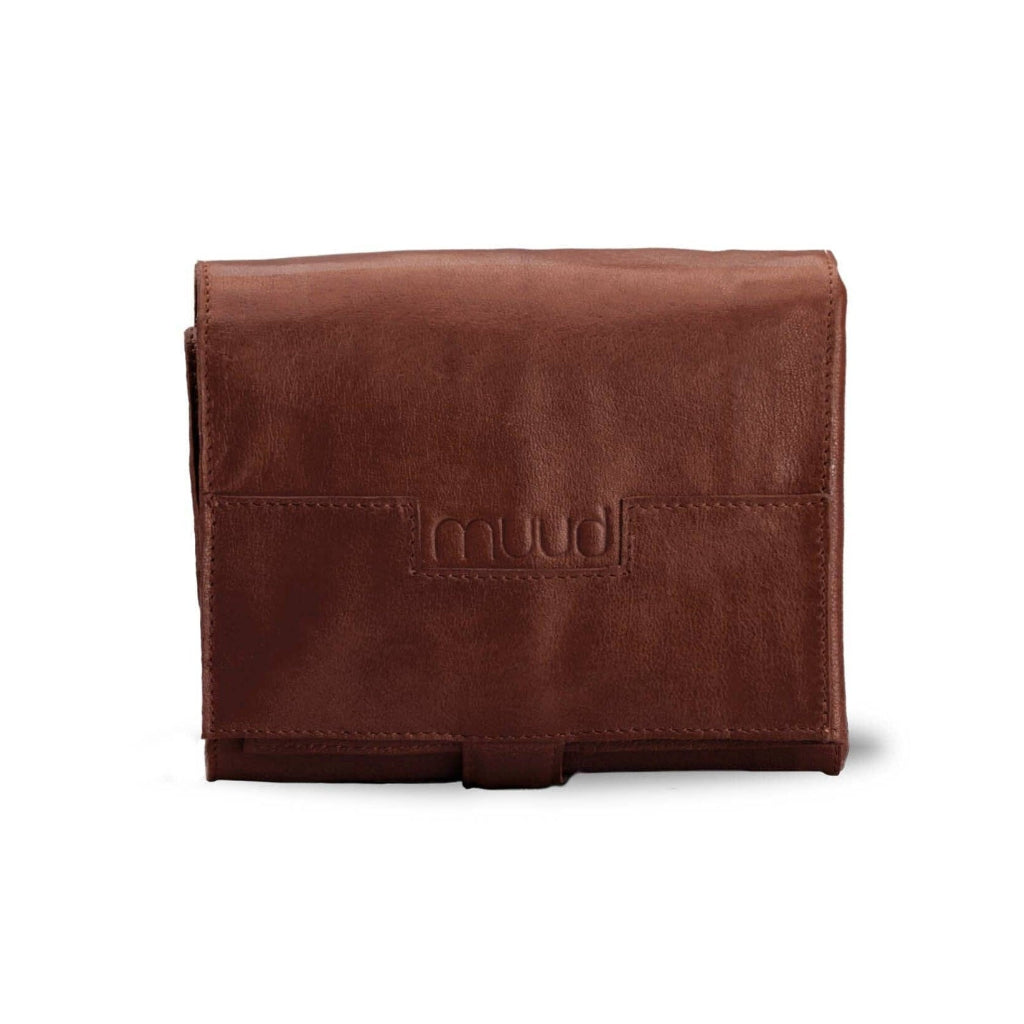 Brown leather wallet with &#39;muud&#39; branding on a white background