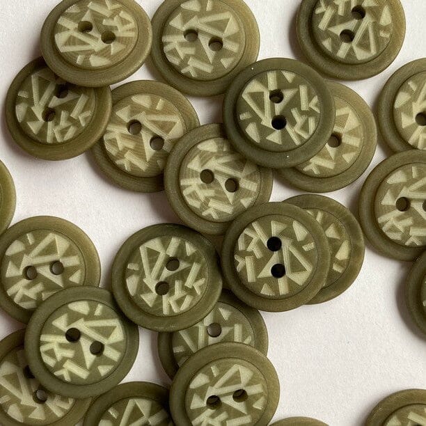 Collection of olive green buttons with a pattern on a white background
