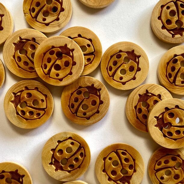 Wooden buttons with ladybird design on a white background