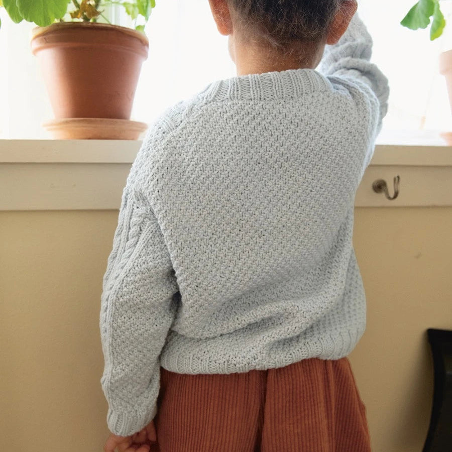 Child wearing a light gray sweater and brown pants standing by a window with plants.