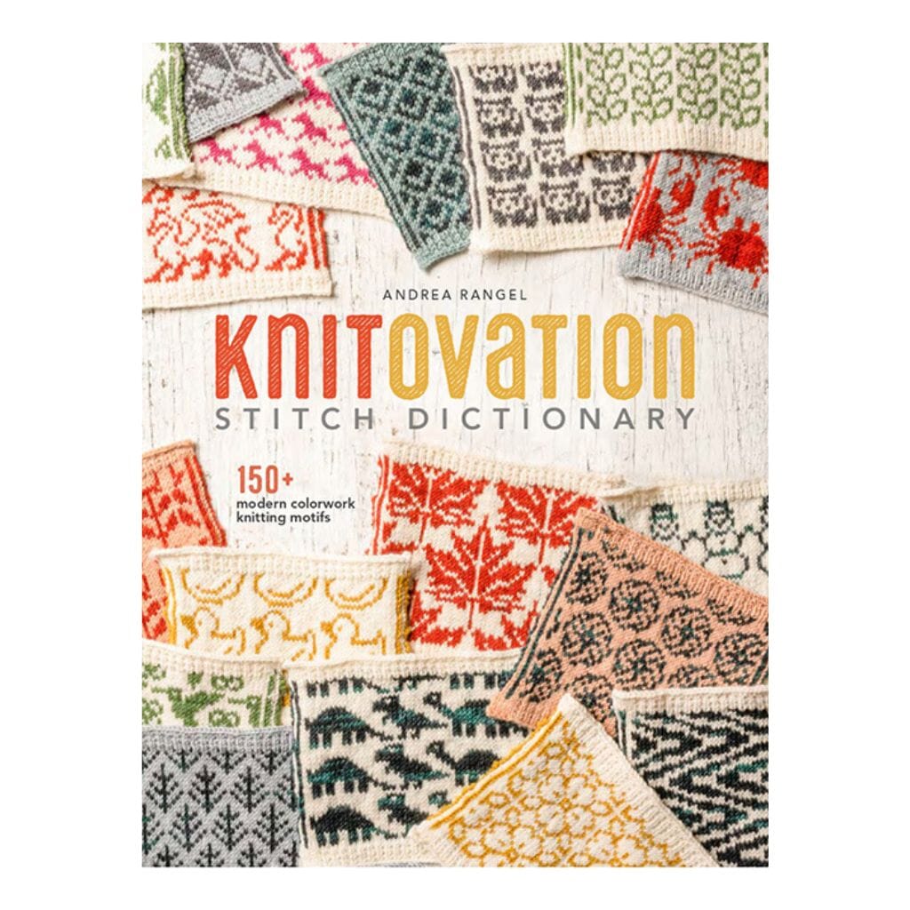 Book cover of 'Knitovation Stitch Dictionary' with colourful knitted swatches.