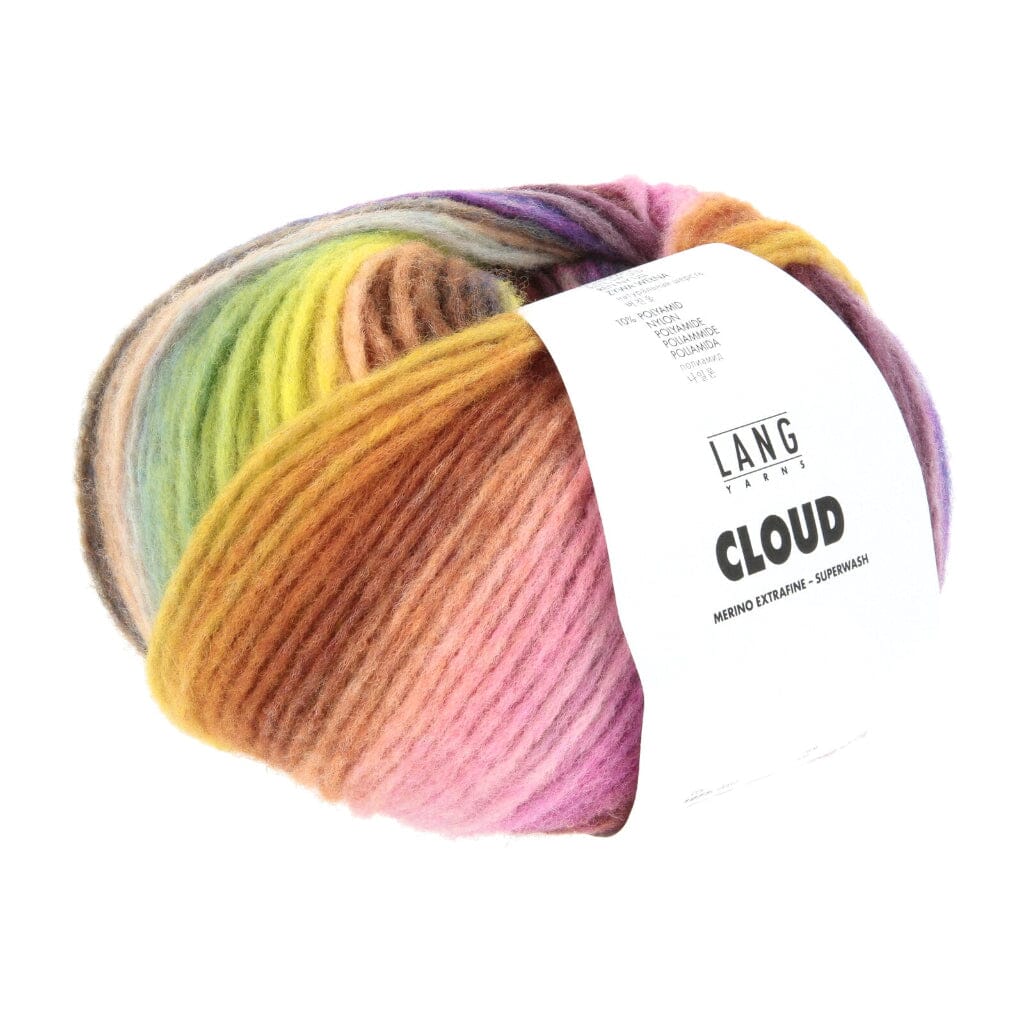 A ball of Lang  Cloud merino extra fine yarn, featuring a variegated color pattern of yellow, green, orange, pink, and purple, with a white paper label.