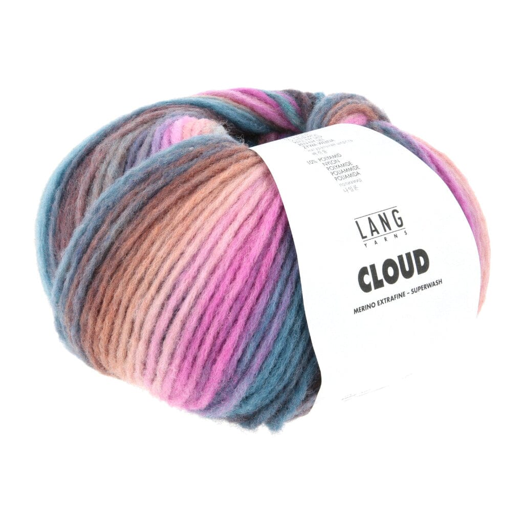 A skein of LANG Textils Cloud yarn in a variegated blend of pink, purple, blue, and brown tones, wrapped with a white paper label.