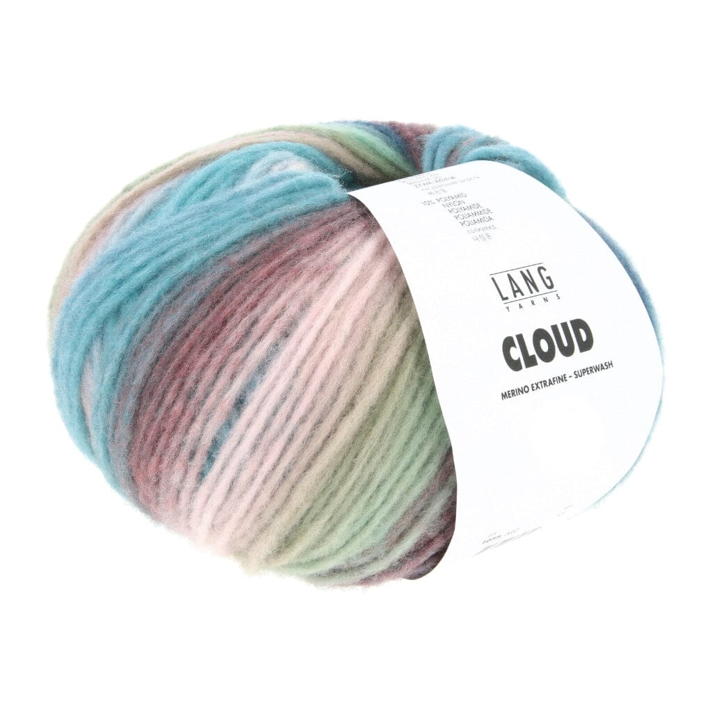 A skein of Lang  Cloud merino wool yarn in a variegated pastel colorway, featuring stripes of blue, pink, and green, with a white paper label wrapped around it, on a solid white background.